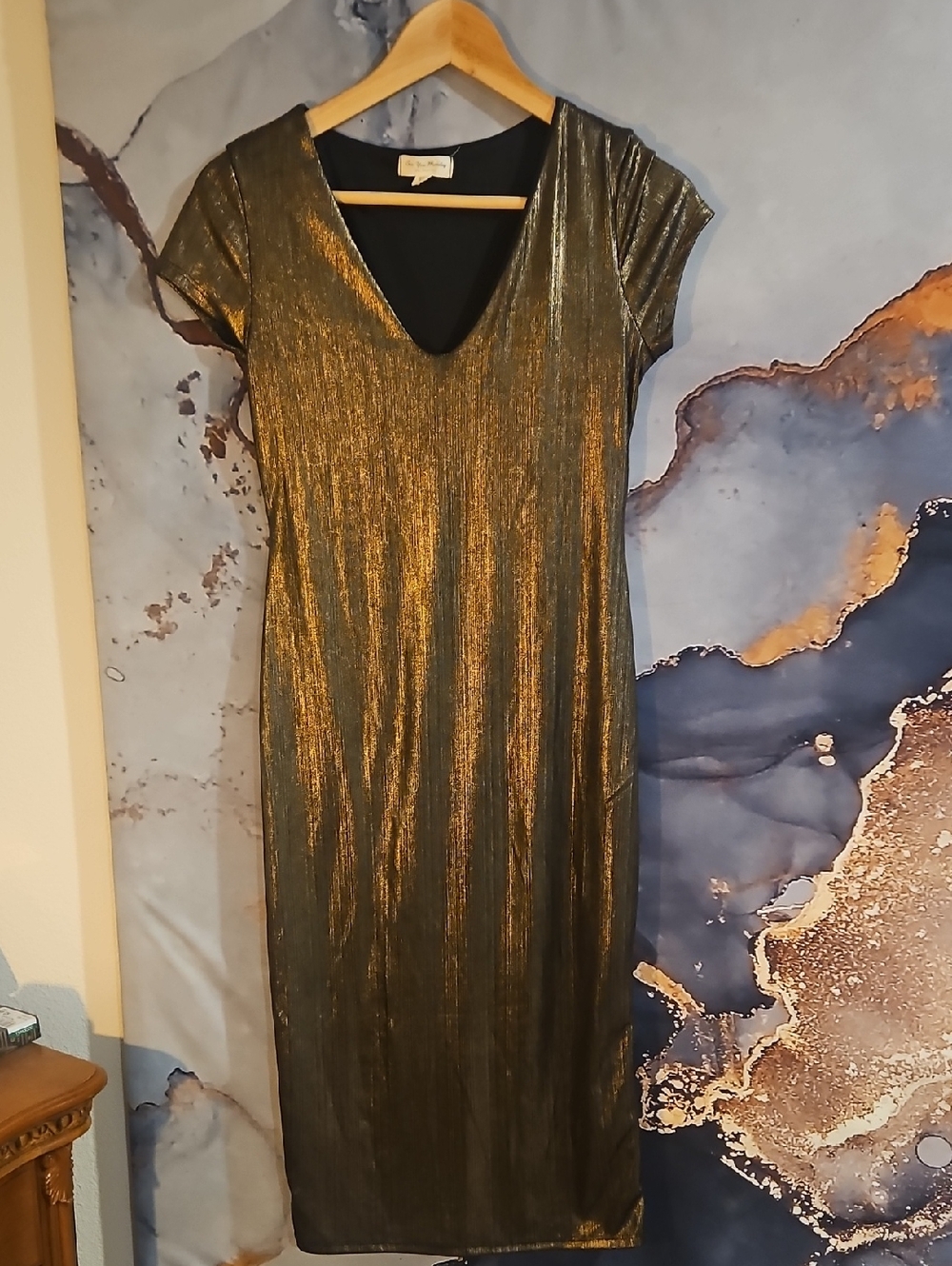 See You Monday Metallic Gold V-Neck Midi Dress